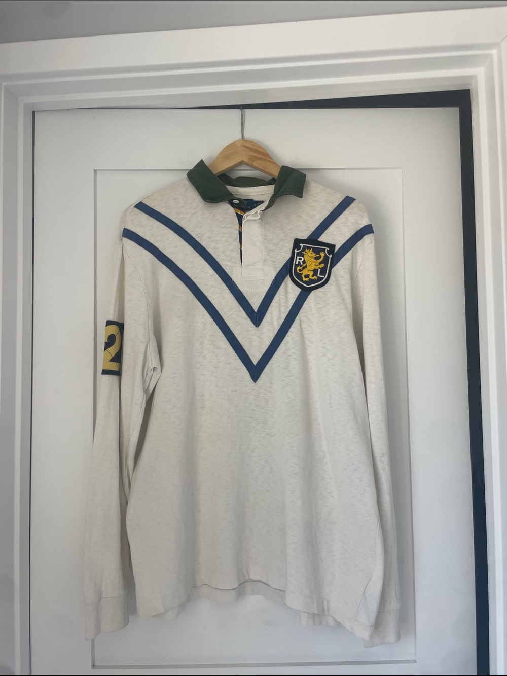 Polo by Ralph Lauren Off-White Rugby Shirt with Blue V-Stripes and Green Collar